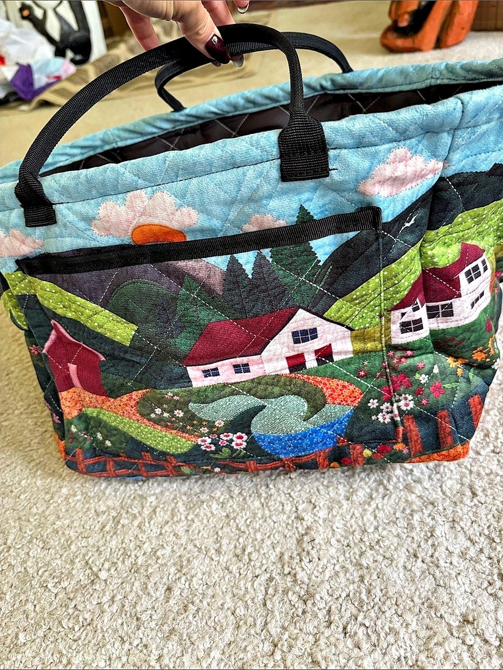 Quilted Scenic Tote in Blue & Green